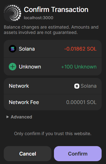 Wallet confirmation for token creation